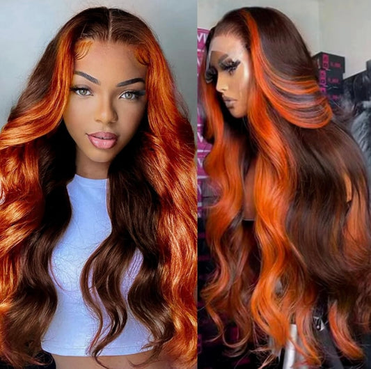 12A 13x6 Lace Front Wigs Human Hair Pre Plucked 13x6 HD Transparent Lace Front Wigs Ginger Orange Colored Human Hair Wigs for Women Glueless Body Wave Highlight Lace Front Wig 200 Density 28inch