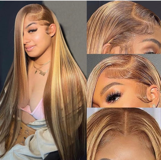 28 Inch 4/27 Honey Blonde HD Lace Front Wig Human Hair Highlight Ombre Lace Front Wig Human Hair Straight Lace Front Wigs Human Hair Pre Plucked Frontal Wigs Human Hair 13X4